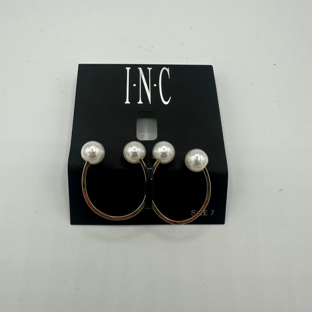 INC Double Ring Womens Size 7 Gold Pearl New Trend Two Finger Statement Ring
